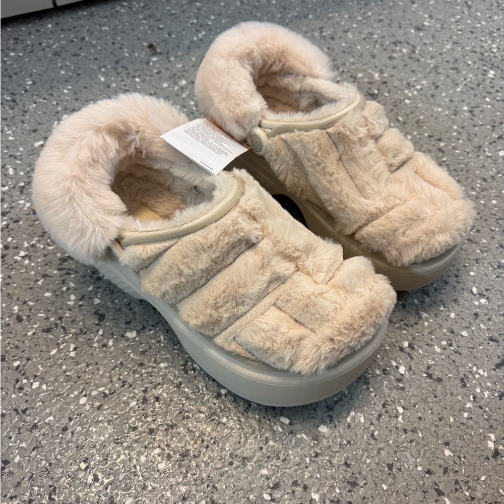Faux Fur Lined Cream Croc Slippers platform